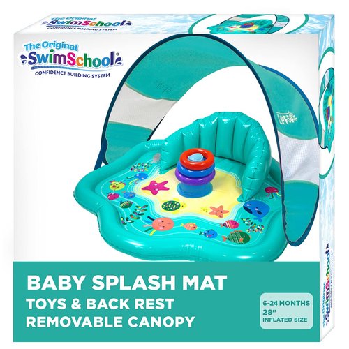 SwimSchool Baby Splash Play Mat with Adjustable Canopy – Inflatable Play Pool for Babies & Infants with Backrest – Includes Baby Water Toy Rings