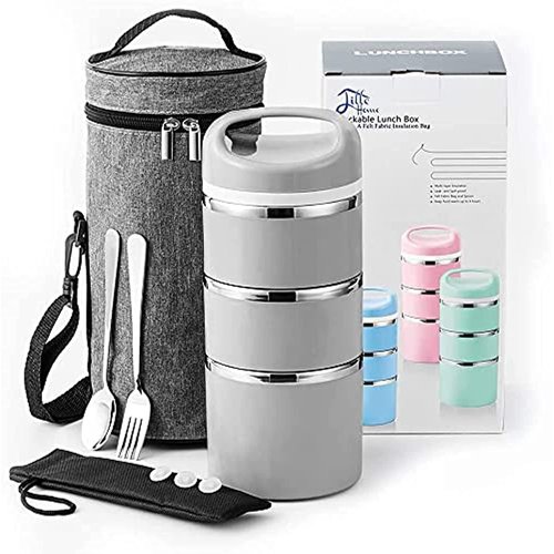 Lille Home Stackable Stainless Steel Thermal Compartment Lunch/Snack Box, 3-Tier Insulated Bento/Food Container with Lunch Bag, Cutlery Set and 3 Extra Seals, 43OZ (Gray)