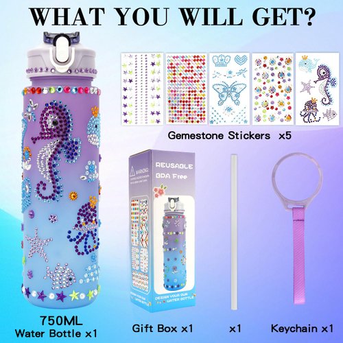 Valentines Gifts for Girls, Decorate Your Own Water Bottle Kits for Girls Age 4-5-6-7-8-9-10-12, Girl Birthday Gifts, Valentines Day Gifts for Kids, Fun DIY Arts and Crafts Gifts Toys for Girls Teens