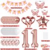 Rose Gold 11th Birthday Decorations for Girl, 11 Year Old Birthday Sign with Happy Birthday Banner, 40In Number 11 Foil Birthday Balloons, Butterfly Decorations, Heart and Star Balloons