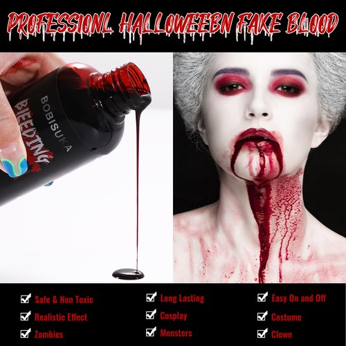 BOBISUKA HALLOWEEN Fake Blood 5.06oz/144ml, Realistic Washable Drip Liquid Blood, Squirt Blood for Fresh Wounds, SFX Makeup, Special Effects, Stage, Cosplay, Clothes, Vampire, Zombie, Scary Clown