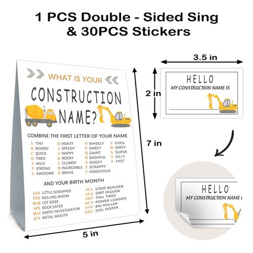 What is your Construction Name game - Construction Birthday Party Game, Boy Birthday Supplies, Activity, Decorations(1Construction Theme Sign and 30 Name Tag Stickers)