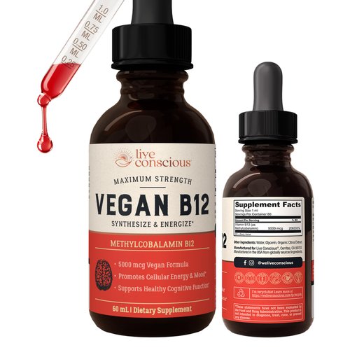 Vegan Vitamin B12 Sublingual Liquid Drops by Live Conscious- Methylcobalamin Max Strength B12 5000mcg Formula - Vegan B 12 Vitamin Support Energy, Promote Memory & Aid Immune System - 60 Serving