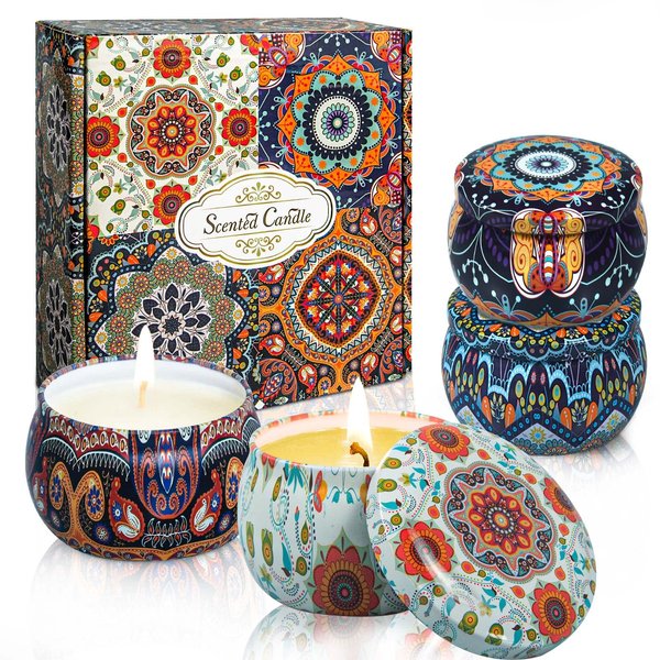 Scented Candles Gift Set for Womem: 4 Pack Package - Aromatherapy Candle Sets,Natural Soy Wax Candle Can Help Stress Relief&Body Relaxation,Very Suitable for Festival,Bath,Yoga.