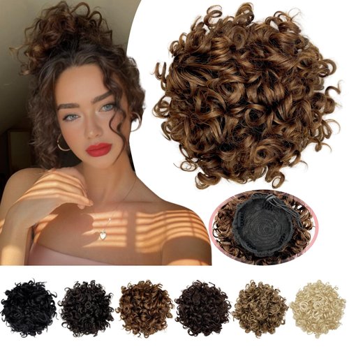 MINGATEC Messy Bun Hair Piece, Curly Hair Bun, Synthetic Clip in Hair Extensions Ponytail, Elastic Drawstring Loose Wave Short Curly Hair Buns, Ponytail Extensions for Women Girls(Light Auburn Brown)