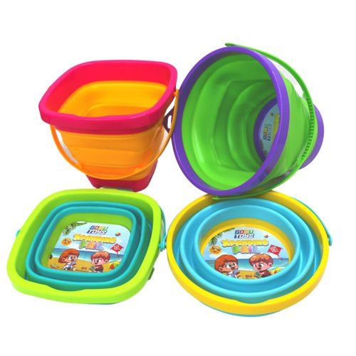 Gosu Toys Foldable Sand Bucket Expandable Sand Pail Square and Circle for Beach Multi Purpose for Kids Collapsible Silicone Bucket 4 Pack - 2 Square and 2 Circle