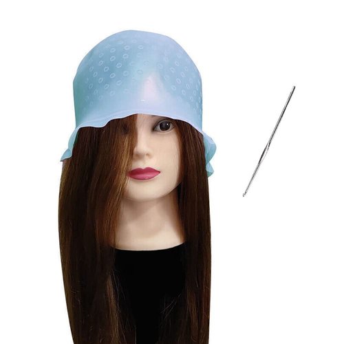 1 Pc Blue Reusable Silicone Hair Coloring Highlighting Cap, Hair Dyeing Cap for Hair with Hook for Hair Coloring Salon Hairdressing Tool