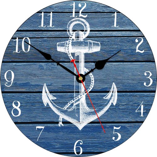 TAHEAT 14 Inch White Anchor Pattern Wall Clock, Non Ticking Silent Clocks, Nautical Retro Wooden Arabic Numeral Clocks, Easy to Read Wall Clocks for Kitchen/Living Room/Bedroom
