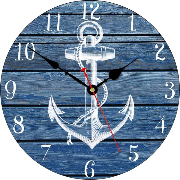 TAHEAT 14 Inch White Anchor Pattern Wall Clock, Non Ticking Silent Clocks, Nautical Retro Wooden Arabic Numeral Clocks, Easy to Read Wall Clocks for Kitchen/Living Room/Bedroom