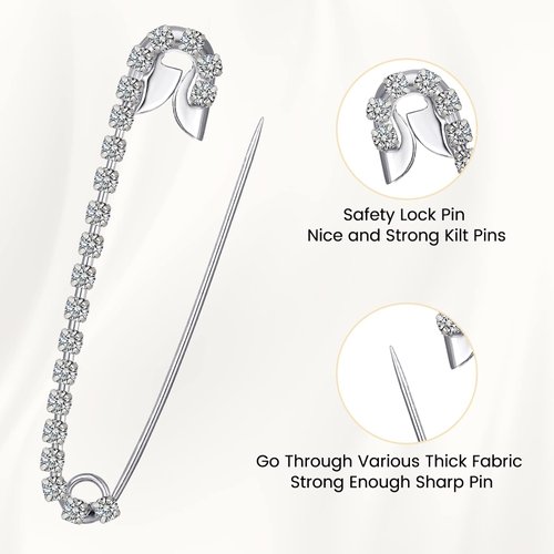 Housweety 10 Silver Tone Rhinestone Safety Pins Brooches 5.8x1.2cm