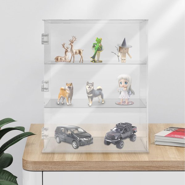 Acrylic Display Case 3 Tier Clear Display Case with Cabinet Door Desktop Dustproof Collectibles Showcase for Figures, Doll, Toy, Souvenir, Dessert, 11 x 4.7 x 14.2in