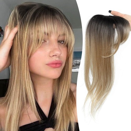 MORICHY Clip in Bangs 360 Clip on Bangs for Women Bangs Hair Clip Colored Hair Extensions Halloween Costumes Woman Accessory Fake Bangs Hair Pieces for Women Brown Blonde with Dark Root Cosplay Bangs