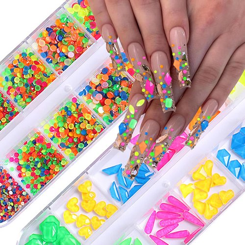3120Pcs Diamond Nails Rhinestones for Nail Art, HOINCO Colorful Fluorescence Rhinestones for Nails, Multi Shapes Clear AB Flat Back Gemstones for Women Nail Art DIY Craft Jewelry with Tweezers and Pen