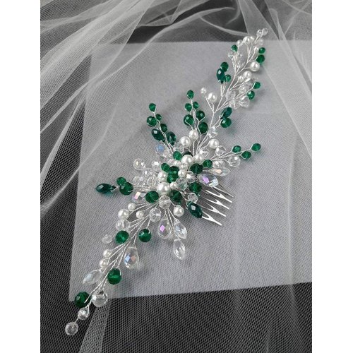 Aimimier Bridal Emerald Hair Vine with Comb Green Crystal and Pearl Hair Comb Boho Wedding Hair Accessories for Women and Girls