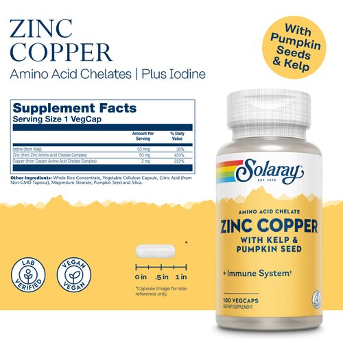 Solaray Zinc + Copper Amino Acid Chelate VCapsules, 100 Count