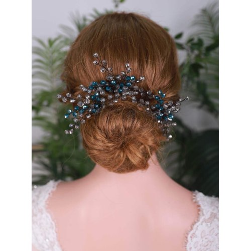 YERTTER Peacock Blue Bridal Hair Pins Set of 3 - Crystal Headpiece, Hair Clips for Women Brides