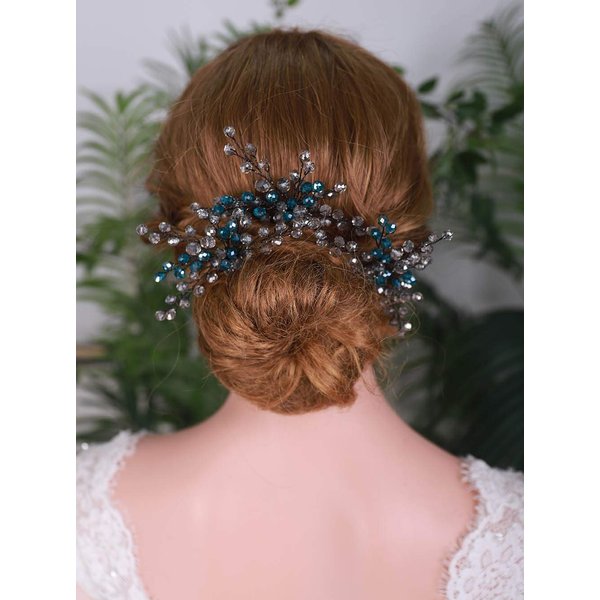YERTTER Peacock Blue Bridal Hair Pins Set of 3 - Crystal Headpiece, Hair Clips for Women Brides