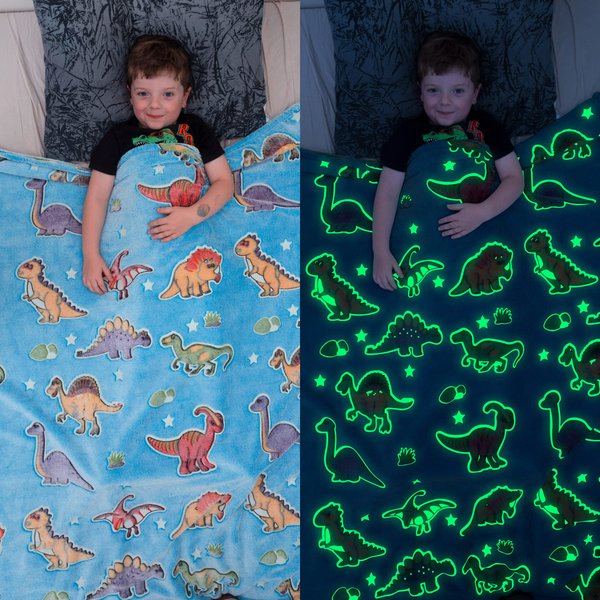 Dinosaur Blanket for Boys, Glow in The Dark Blanket for Boys and Girls Toddler - Soft Cozy Fleece Dino Blanket, Warm Throw Blanket, Blue Kids Plush Blanket, Kids Blanket and Throws 50" x 60"