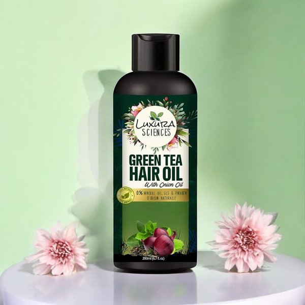 Luxura Sciences Green Tea Oil for Hair Growth | Controls Dandruff & Hair Loss | Root Strengthening Oil | Makes Hair Soft, Shiny & Thick | 6.76 Fl Oz/200 ml