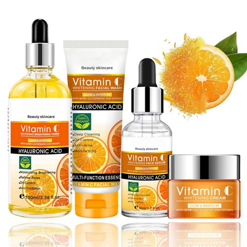 Rosarden Vitamin C Skin Care Kit, 4-Pack VC Skin Care Set Including Face Wash, Toner, Face-Serum & Face Cream, Skincare Gift Set For Teen Girls, Moisturizing Skincare Set