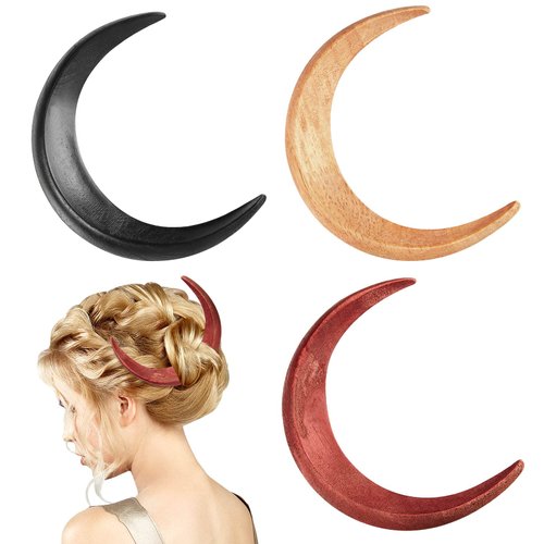 3 Pcs Moon Hair Fork / Hairpin for Women 5.12'' Moon Hair Stick Hand Carved Thin Long Hair Clip/ Accessories, Wooden Barrettes Lightweight Hair Styling Tool (Red, Black and Wood Color)
