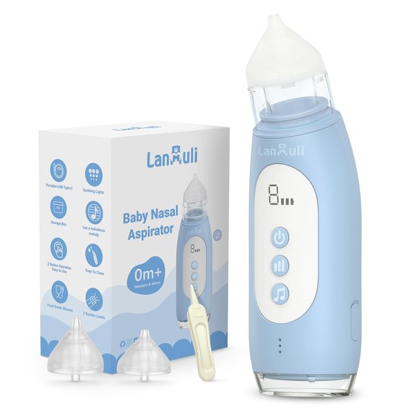 LANMULI Hospital-Grade Nasal Aspirator for Baby, Automatic Toddler Nose Sucker, Infant Snot Cleaner with Adjustable Suction Level, Music and Light Soothing Function (Blue)