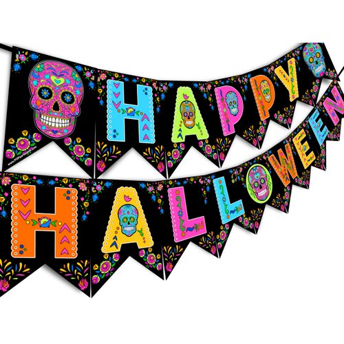 Sugar Skull Happy Halloween Banner Pennant - Sugar Skull Halloween Party Supplies - Halloween Party Decorations - Halloween Decorations - HH