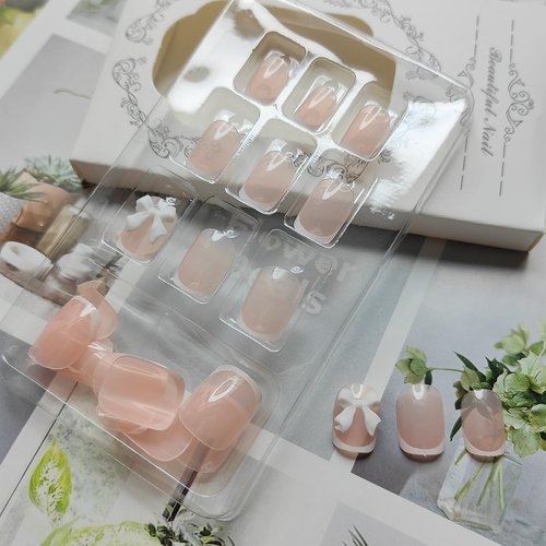 French Tip Press on Nails Short Square Fake Nails White Coffin Nails Tip with Bow Charms Design Acrylic Nails Full Cover Nude Pink Artificial False Nails Stick on Nails for Women Manicure Salon 24Pcs