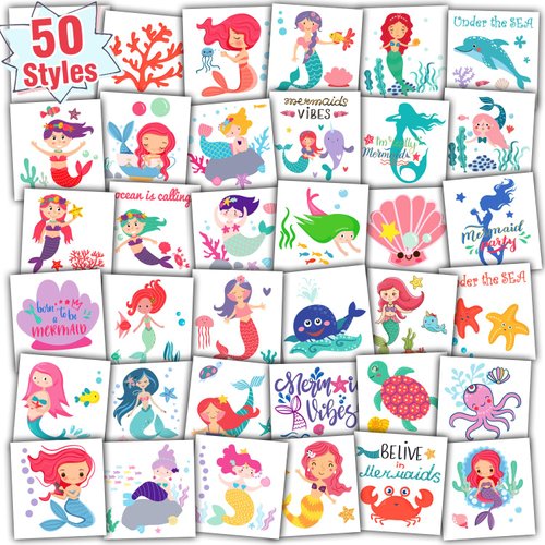Partywind Mermaid Party Supplies for Girls, Individually Wrapped Sheets Mermaid Temporary Tattoos for Kids Party Decorations Favors, Under Sea Ocean Games Goodie Bag Stuffers (50 Styles)