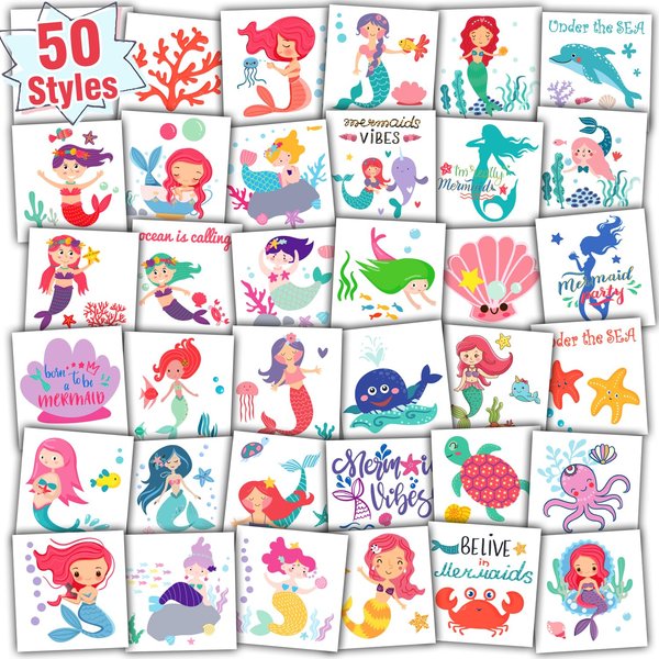Partywind Mermaid Party Supplies for Girls, Individually Wrapped Sheets Mermaid Temporary Tattoos for Kids Party Decorations Favors, Under Sea Ocean Games Goodie Bag Stuffers (50 Styles)
