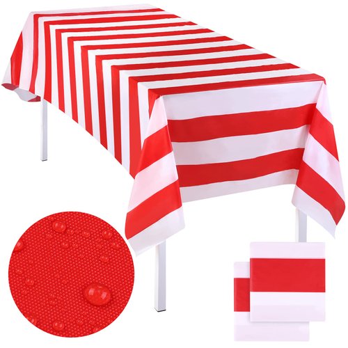 Elcoho 2 Pack Red and White Stripes Tablecloth Plastic Stripe Table Cover Carnival Circus Tablecloths for Carnival Circus Themed Party Decorations Movie Night Birthday Party Supplies