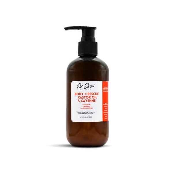 Dr Skin Body Rescue Castor Oil infused with cayenne pepper and cabbage- Soothe & Support. 100% natural. For all skins. 8 oz