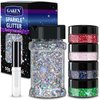 Holographic Chunky Glitter 50g Silver+8g*4 Body Glitter with Multi-Shapes Black+Pink&White+Red+Green Sparkle Glitter for Body Face Eye Hair Makeup Glitter for Resin Project+Quick Dry Makeup Glue