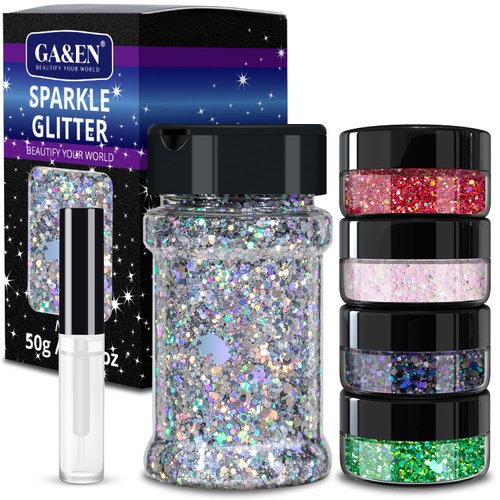 Holographic Chunky Glitter 50g Silver+8g*4 Body Glitter with Multi-Shapes Black+Pink&White+Red+Green Sparkle Glitter for Body Face Eye Hair Makeup Glitter for Resin Project+Quick Dry Makeup Glue