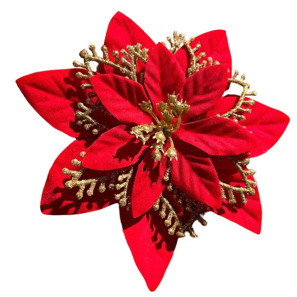Holiday Red Poinsettia with Gold Glitter Hair Flower Clip and Brooch PIn