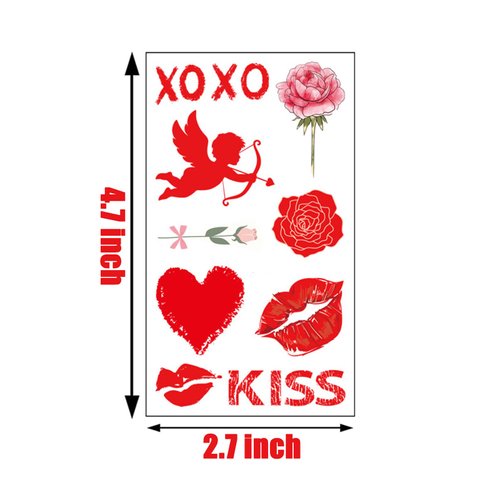 Finduat 83 Pcs Valentine's Day Red Lips Heart Temporary Tattoo Stickers Red Lip Kiss Love Cupid Rose Bouquet Waterproof Fake Tattoos