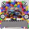 Monster Truck Theme party supplies 85Pcs semi truck Racecar Balloon Garland Set with Birthday Backdrop & Checkered Tablecloth | Perfect for toddler Boys Birthday Grave-themed monster truck decorations