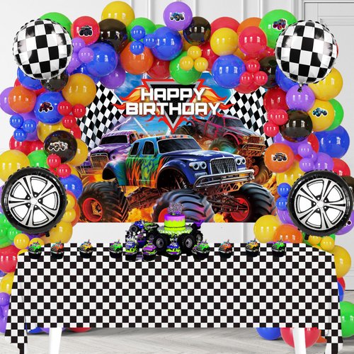 Monster Truck Theme party supplies 85Pcs semi truck Racecar Balloon Garland Set with Birthday Backdrop & Checkered Tablecloth | Perfect for toddler Boys Birthday Grave-themed monster truck decorations