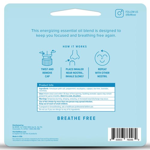 MOXE Breathe | Himalayan Salt Inhaler | Help Clear Congestion, Boost Focus and Improve Breathing | Natural Aromatherapy | Peppermint, Lavender and Tee Tree Essential Oil (1 Pack)