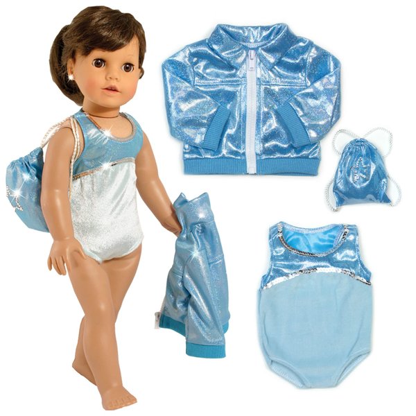 Sophia's 18" Inch Doll Gymnastics Clothes Set, 3 pc. Blue and Silver Sleeveless Leotard, Drawstring Backpack, and Zipped Bomber Jacket, Sport Themed Accessories & Outfit Set