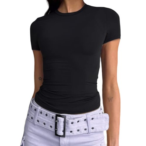 Dwnval Women Sexy Basic T Shirts Tops Summer Short Sleeve Crewneck Slim Fit Cute Crop Top Blouses(Black, S)