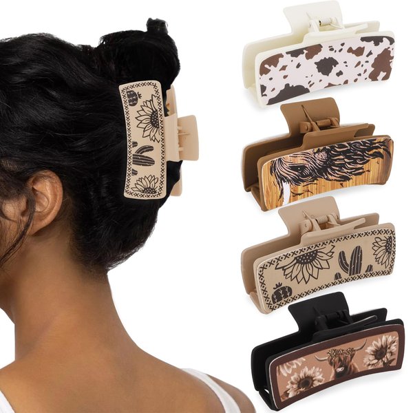 CURASA Western Hair Clips for Women Square Claw Clips Leather Hair Clip Western Claw Clips for Thick Hair Sunflower Cow Print Hair Claw Clips Western Accessories for Women