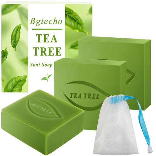 Bgtecho 3PCS Yoni Soap Bars,Yoni Bar Soap for Women,100% Natural Organic Yoni Soap Bars,Tea Tree Yoni Wash Eliminates Odor Ph Balance 3.53 OZ/100g,with Foaming Net(Tea Tree)
