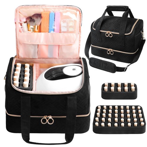 Veirdro Nail Polish Organizer Bag Holds 50 Bottles (15ml/0.5fl.oz)& Nail Lamp, Soft Velvet Nail Kit Storage Carrying Case with Shoulder Strap, Double Layer Nail Supplies Organizer Handbag Women Black