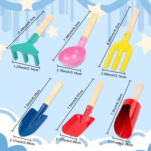 WEILAIDI Beach Toys,6 Pcs Children Beach Sand Toys,8'' Kids Gardening Set Metal Garden Tools with Sturdy Wooden Handle,Safe Kids Shovel with Cylinder, Spoon, Fork, Rake, Flat Shovel & Pointed Shovel