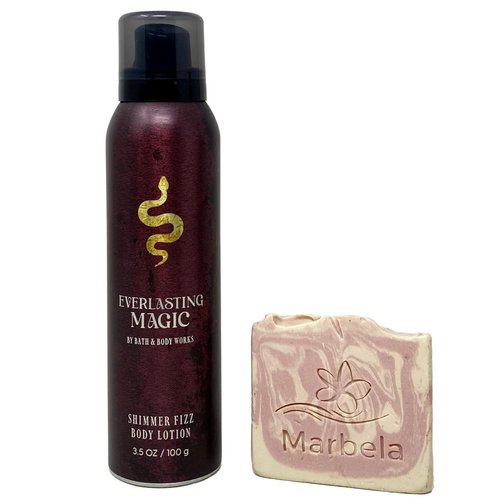 Bath & Body Works Everlasting Magic Shimmer Fizz Body Lotion with a Himalayan Salts Springs Sample Soap.