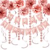 GuoZhiXin Rose Gold Birthday Party Decorations Set - Rose Gold Glittery Happy Birthday banner, Foil Swirls,Tissue Paper Pom Poms, Circle Dots Garland for Birthday Party Decorations,Girls Birthday