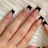 French Tip Press on Nails Medium Coffin Square Black Fake Nails 3D Butterfly Charms with Rhinestones Acrylic Glue on Nails Full Cover Pink False Nails Stick on Nails for Women Girls Manicure 24Pcs