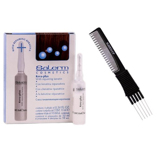 Salerm Cosmetics KERA-PLUS with Repairing Keratin, Straight Hair for Straightening, Protects from Damage Caused by Heat Tools (w/Sleek Teasing Comb) Keraplus + (4 phials of 0.34 oz (PACK OF 1))