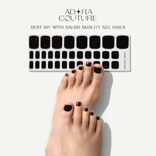 Adora Couture Semi Cured Gel Nail Strips Pedicure | 32pcs Black Gel Pedi Strips | Pedicure Nail Wraps | Salon Nails at Home Pedicure Kit - Requires UV Light (Black P)